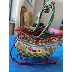 Jim Shore Heartwood Creek Christmas Sleigh Basket Holly Bell Holiday Decor